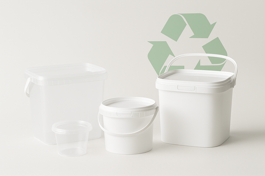 Industrieverpackungen aus Kunststoff: verschiedene Eimer, Schalen und Becher aus Polypropylen, in Weiß und Transparent, auf neutralem Hintergrund
